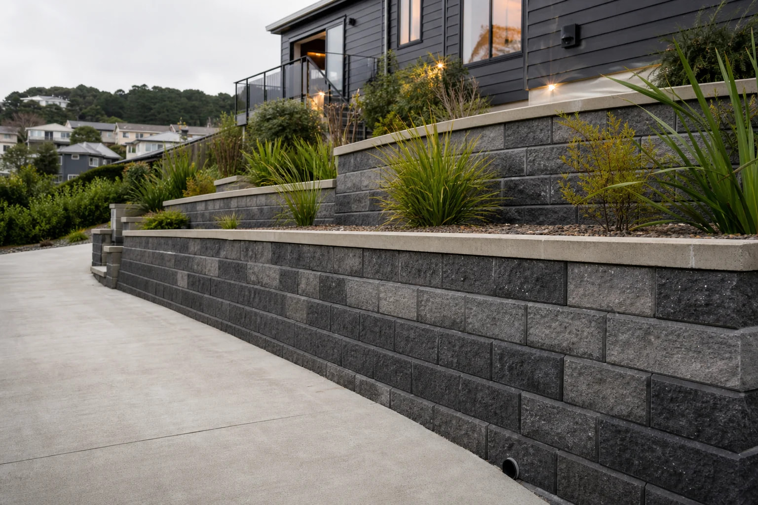 Gray concrete blockwork retaining wall under construction