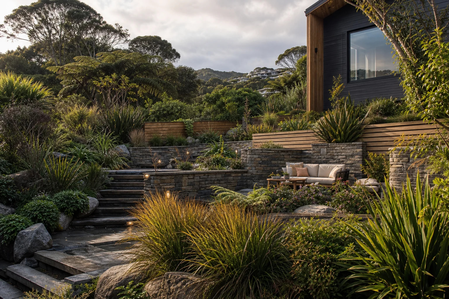 Terraced timber garden retaining walls with steps