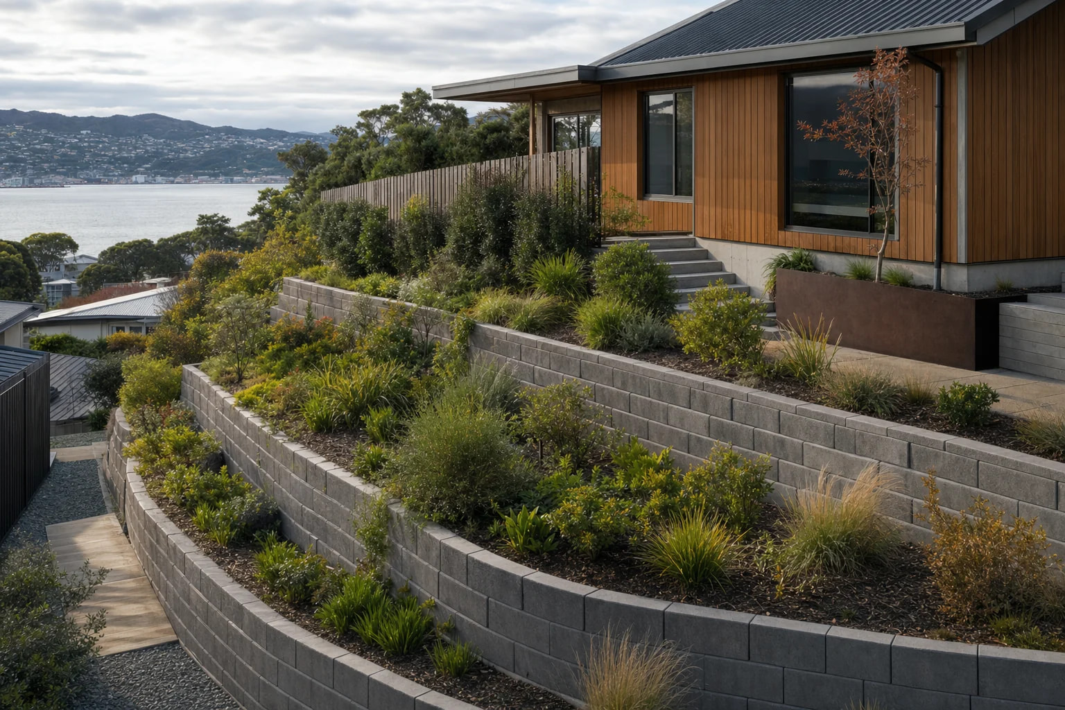 Interlocking gray retaining wall blocks with planted slope