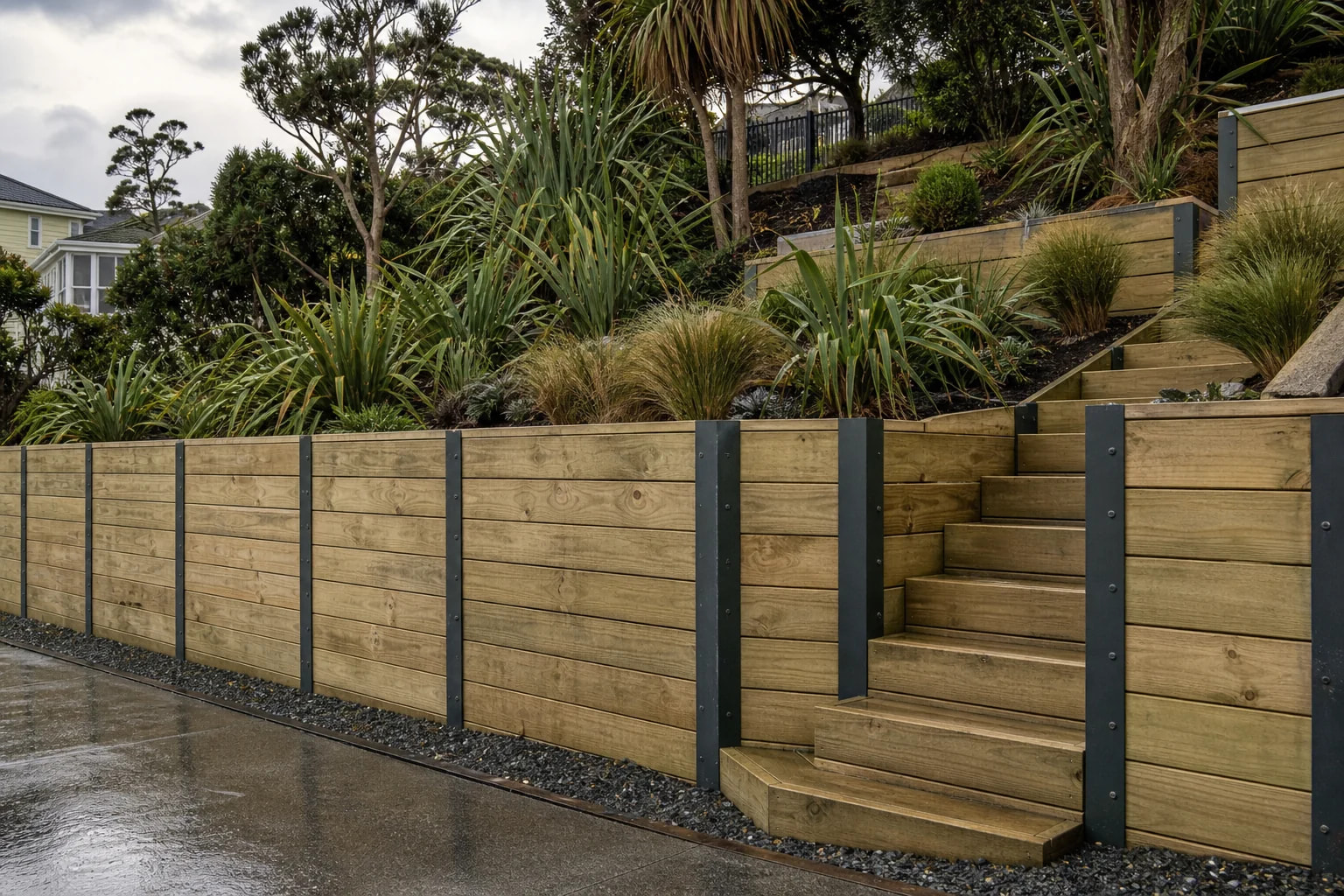 Premium timber retaining wall with integrated garden landscaping